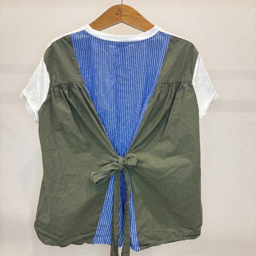 Zara Mixed Media Two-Tone White & Olive Bow Back Top | Small